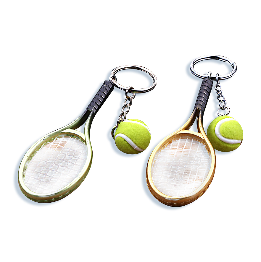 Custom metal tennis racket ball keychain with bottle opener